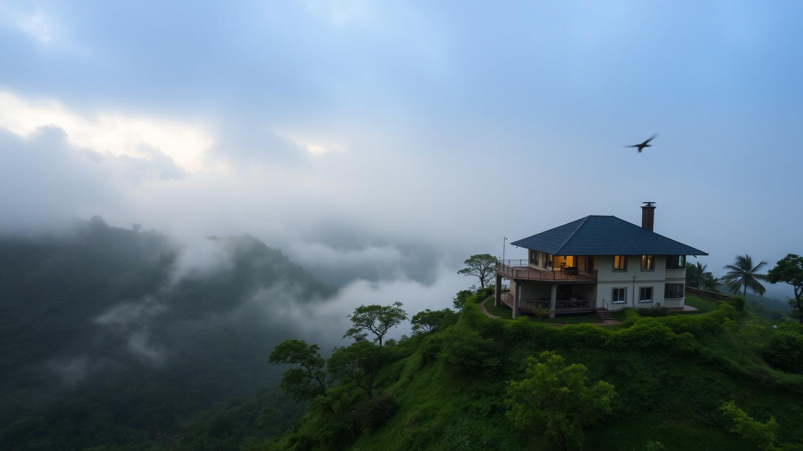 Fog-covered hillside villa in Lonavala at dawn